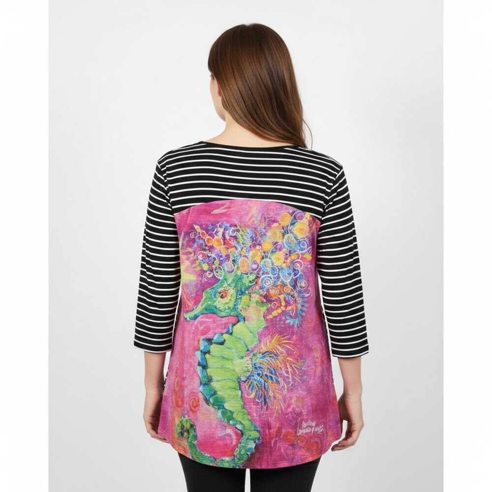 Leoma Lovegrove Striped Seahorse 3/4 Sleeve Top Petite Medium Artsy Art to Wear